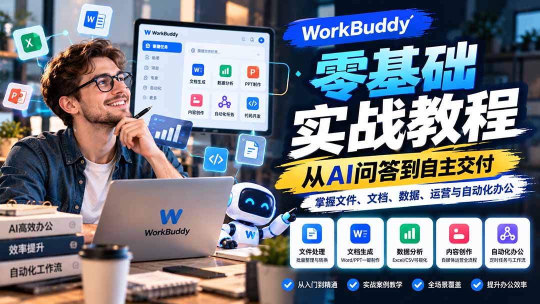 WorkBuddy零基础实战教程：从AI问答到自主交付，掌握文件、文档、数据、运营与自动化办公-站长V课