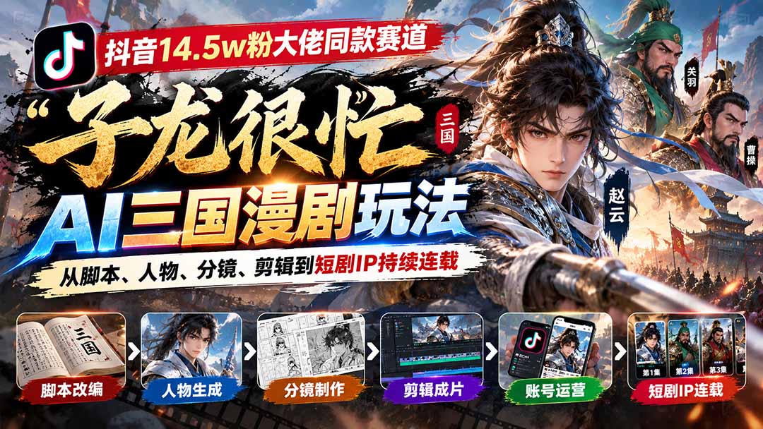 抖音14.5w粉大佬同款赛道「子龙很忙」AI三国漫剧玩法：从脚本、人物、分镜、剪辑到短剧IP持续连载-站长V课