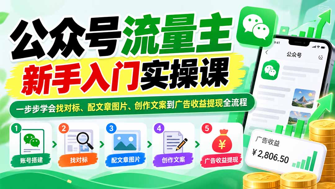 公众号流量主新手入门实操课：一步步学会找对标、配文章图片、创作文案到广告收益提现全流程-站长V课
