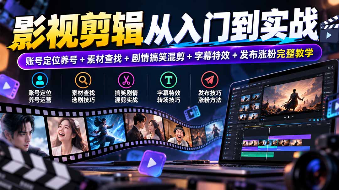 影视剪辑从入门到实战：账号定位养号+素材查找+剧情搞笑混剪+字幕特效+发布涨粉完整教学-站长V课