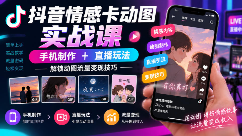 抖音情感卡动图实战课｜手机制作+直播玩法，解锁动图流量变现技巧-站长V课