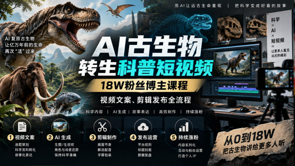 AI古生物转生科普短视频，18W粉丝博主课程，视频文案、剪辑发布全流程-站长V课
