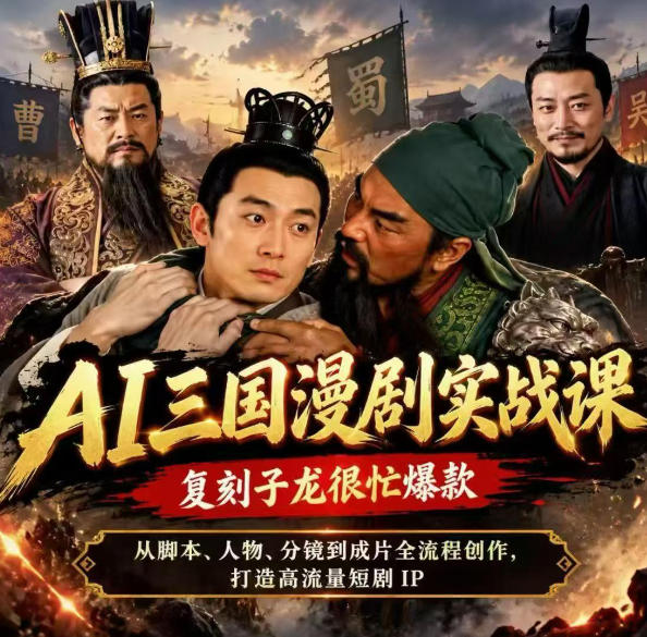 抖音14W粉博主同款AI三国漫剧实战课，复刻子龙很忙爆款，从脚本、人物、分镜到成片全流程创作，打造高流量短剧IP-站长V课