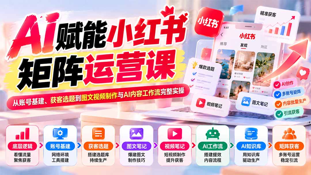 AI赋能小红书矩阵运营课：从账号基建、获客选题到图文视频制作与AI内容工作流完整实操-站长V课