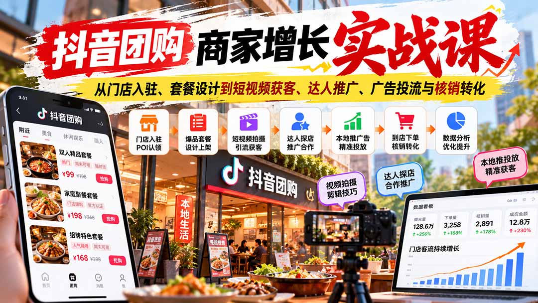 抖音团购商家增长实战课：从门店入驻、套餐设计到短视频获客、达人推广、广告投流与核销转化-站长V课