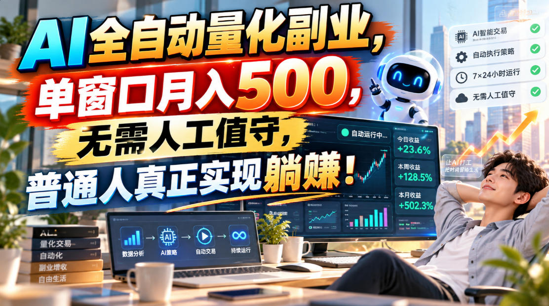 AI全自动量化副业，单窗口月入500，无需人工值守，普通人真正实现躺賺！-站长V课