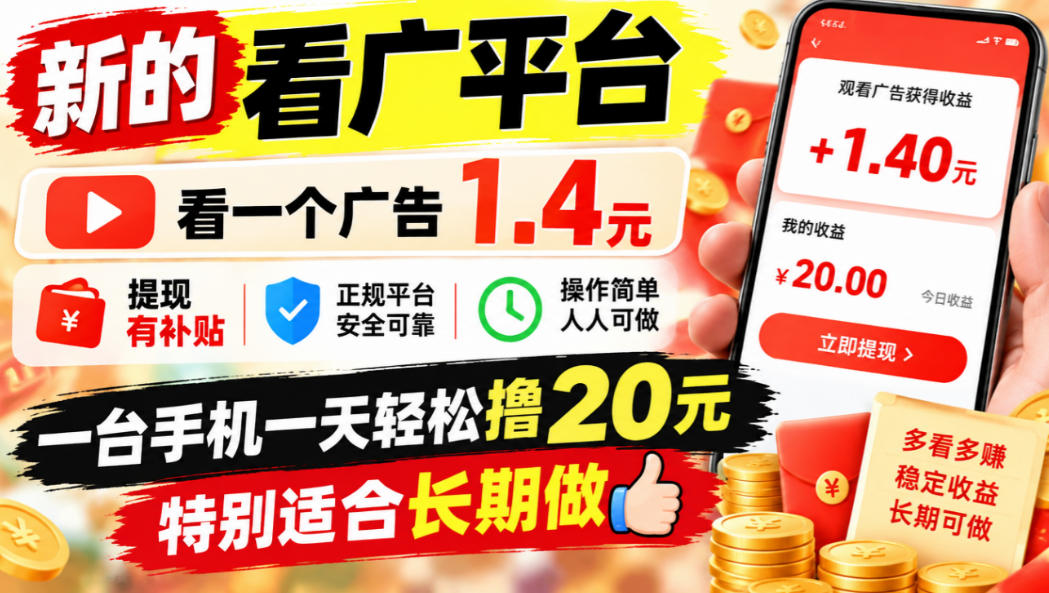 一个新的看广平台，看一个广告1.4元，提现有补贴,一台手机一天轻松撸20+，特别适合长期做【揭秘】-站长V课