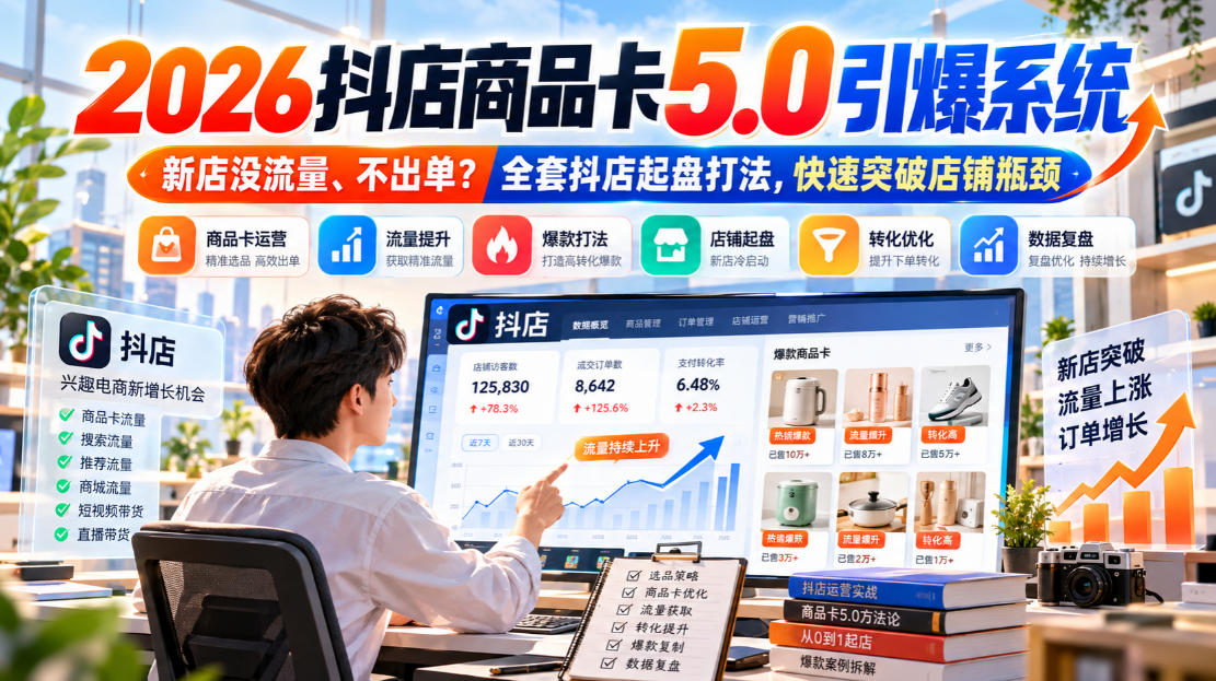 2026抖店商品卡5.0引爆店铺流量，新店没流量、不出单？全套抖店起盘打法，快速突破店铺瓶颈-站长V课