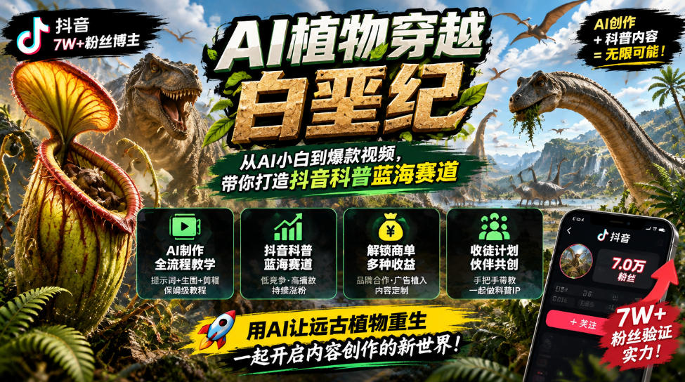 抖音7W粉丝博主的AI植物穿越白垩纪教学，抖音科普蓝海赛道，解锁商单收徒伙伴计划等多种收益-站长V课