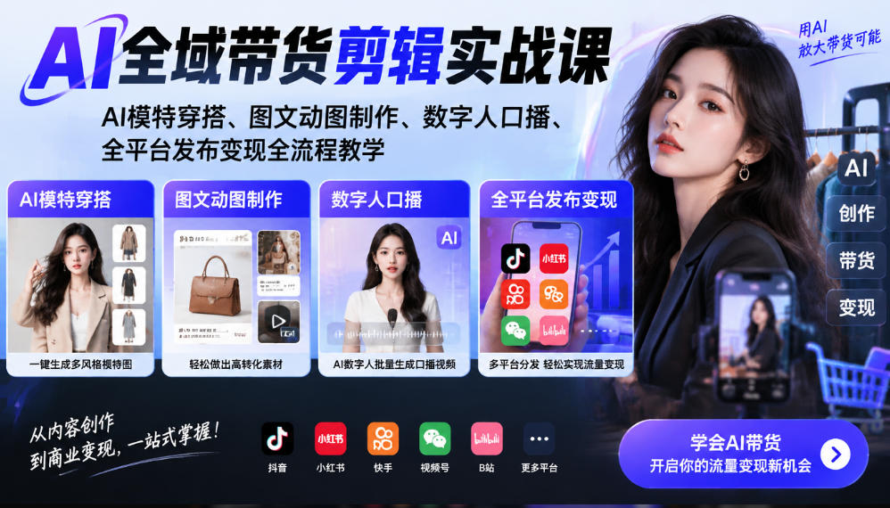 AI全域带货剪辑实战课｜AI模特穿搭、图文动图制作、数字人口播、全平台发布变现全流程教学-站长V课