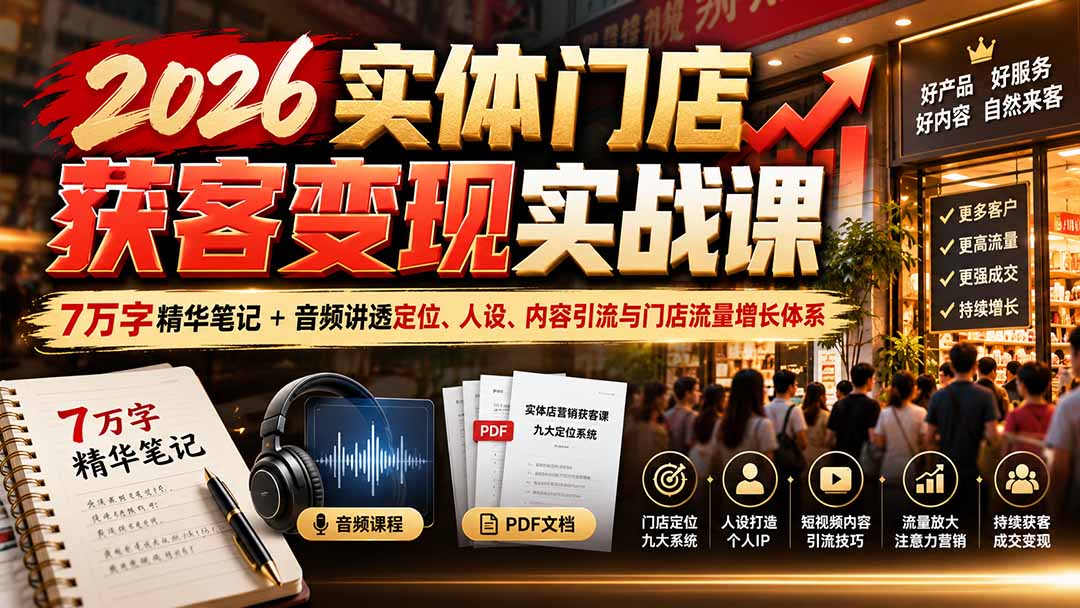 2026实体门店获客变现实战课：7万字精华笔记+音频讲透定位、人设、内容引流与门店流量增长体系-站长V课
