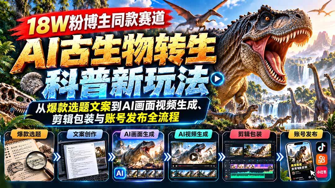 18W粉博主同款赛道-AI古生物转生科普新玩法：从爆款选题文案到AI画面视频生成、剪辑包装与账号发布全流程-站长V课