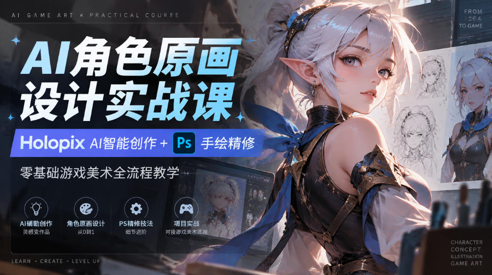 AI角色原画设计实战课｜Holopix AI智能创作+PS手绘精修，零基础游戏美术全流程教学-站长V课