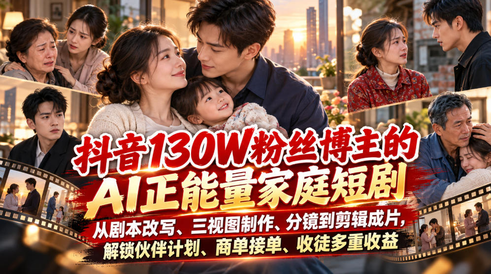抖音130W粉丝博主的AI正能量家庭短剧,从剧本改写、三视图制作、分镜到剪辑成片,解锁伙伴计划、商单接单、收徒多重收益(更新1007)-站长V课