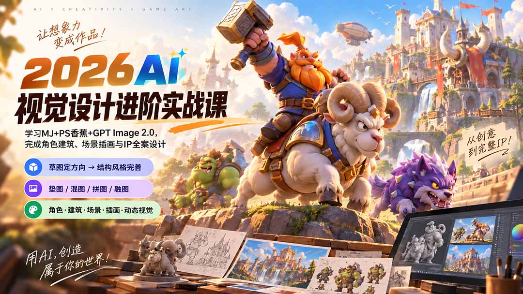 2026AI视觉设计进阶实战课-更新1007:学习MJ+PS香蕉+GPT Image 2.0,完成角色建筑、场景插画与IP全案设计-站长V课