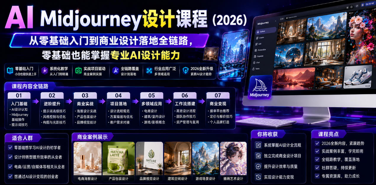 AI Midjourney设计课程(2026),从零基础入门到商业设计落地全链路,零基础也能掌握专业AI设计能力(更新1007)-站长V课
