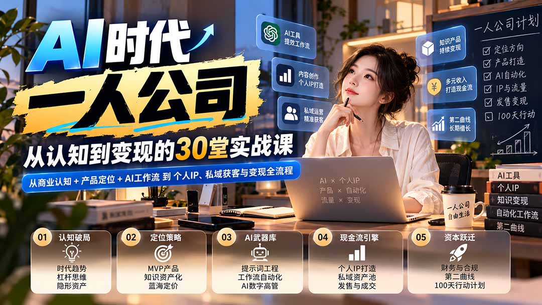 【无水印】AI时代一人公司30堂实战课:从商业认知+产品定位+AI工作流到个人IP、私域获客与变现全流程-站长V课