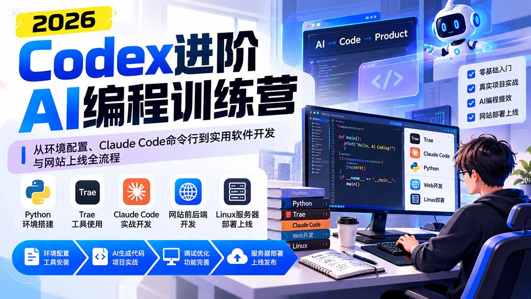 Codex进阶AI编程训练营:从环境配置、Claude Code命令行到实用软件开发与网站上线全流程-站长V课