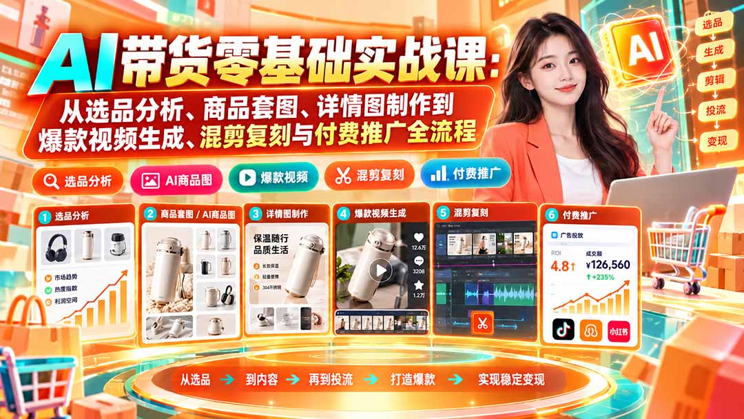 AI带货零基础实战课:从选品分析、商品套图、详情图制作到爆款视频生成、混剪复刻与付费推广全流程-站长V课