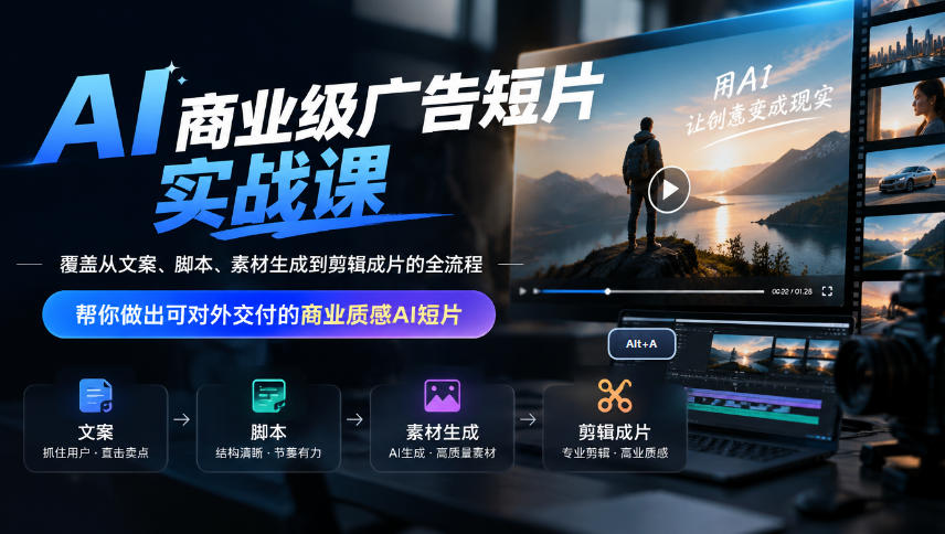 AI商业级广告短片实战课,覆盖从文案、脚本、素材生成到剪辑成片的全流程,帮你做出可对外交付的商业质感AI短片-站长V课