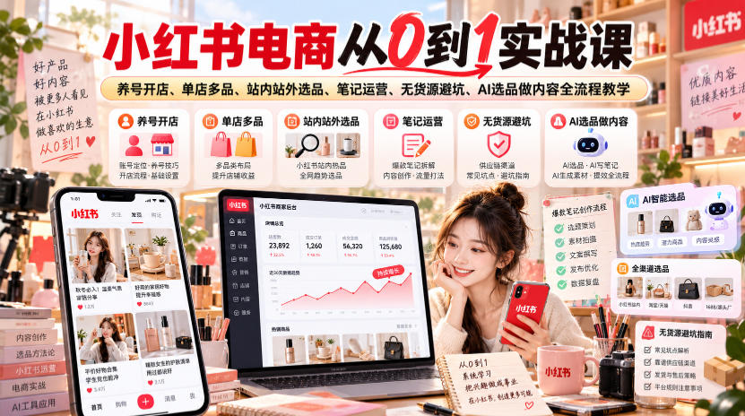 小红书电商从0到1实战课|养号开店、单店多品、站内站外选品、笔记运营、无货源避坑、AI选品做内容全流程教学-站长V课