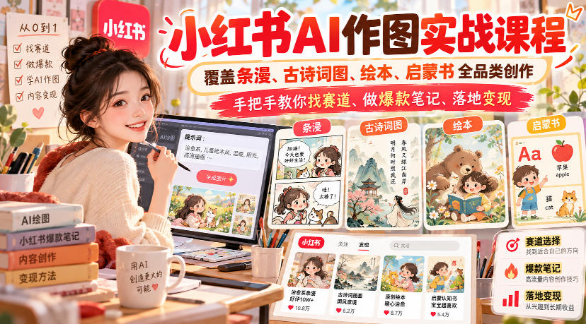 小红书AI作图实战课程,覆盖条漫、古诗词图、绘本、启蒙书全品类创作,手把手教你找赛道、做爆款笔记、落地变现(更新1009)-站长V课