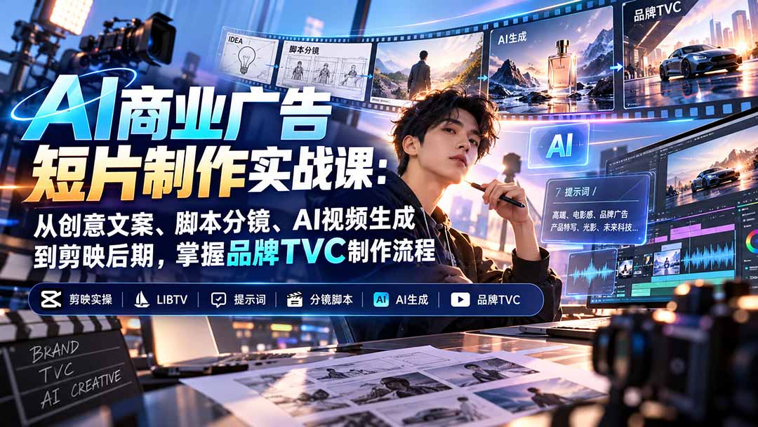 AI商业广告短片制作实战课:从创意文案、脚本分镜、AI视频生成到剪映后期,掌握品牌TVC制作流程-站长V课
