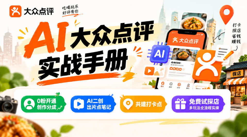 某局的AI大众点评实战手册,0粉开通创作分成、AI二创出片点笔记、共建打卡点、免费试探店多玩法全流程实操-站长V课