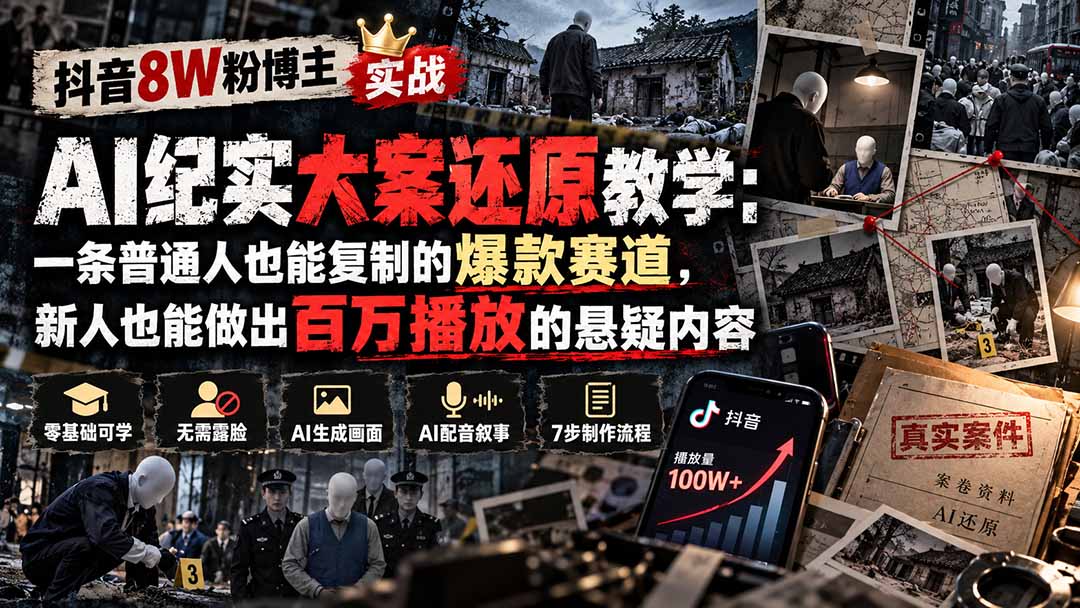 抖音8W粉博主AI纪实大案还原教学:一条普通人也能复制的爆款赛道,新人也能做出百万播放的悬疑内容-站长V课