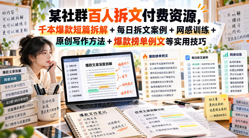 (无水印)某社群百人拆文付费资源,千本爆款短篇拆解+每日拆文案例+网感训练+原创写作方法+爆款榜单例文等实用技巧(更新1009)-站长V课
