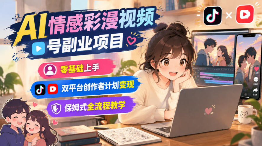 AI情感彩漫视频号副业项目,零基础上手,双平台创作者计划变现,保姆式全流程教学-站长V课