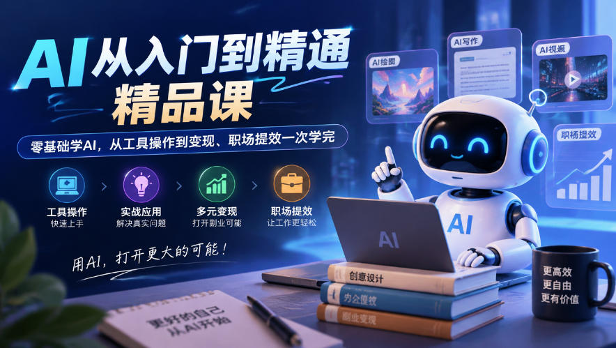 AI从入门到精通精品课,零基础学AI,从工具操作到变现、职场提效一次学完-站长V课