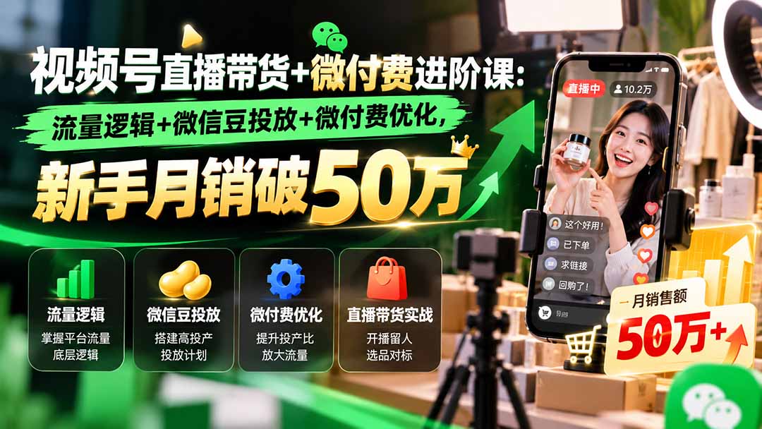 视频号直播带货+微付费进阶课-更新1010:流量逻辑+微信豆投放+微付费优化,新手月销破50万-站长V课