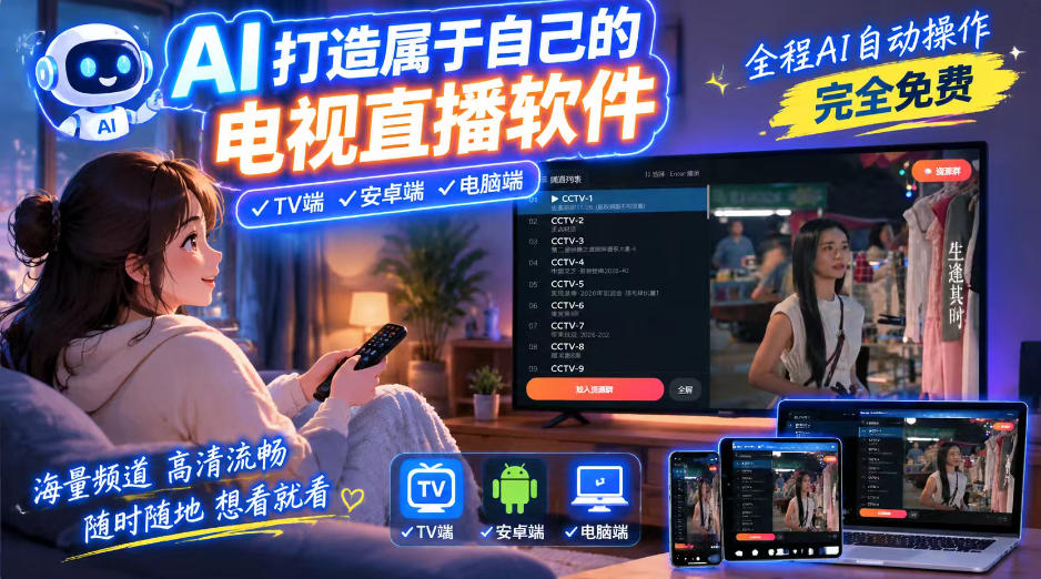 一个提示词,AI全自动做出电视直播软件,电脑、安卓、电视三端通用,完全免费,画质流畅不卡顿-站长V课