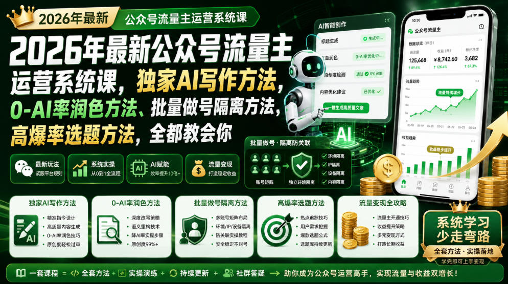 2026年最新公众号流量主运营系统课,独家AI写作方法,0-AI率润色方法、批量做号隔离方法、高爆率选题方法,全都教会你(更新1009)-站长V课