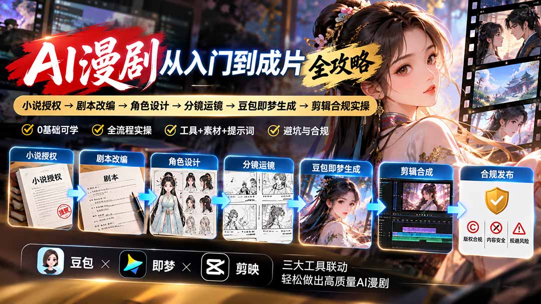 AI漫剧从入门到成片全攻略:小说授权→剧本改编→角色设计→分镜运镜→豆包即梦生成→剪辑合规实操-站长V课