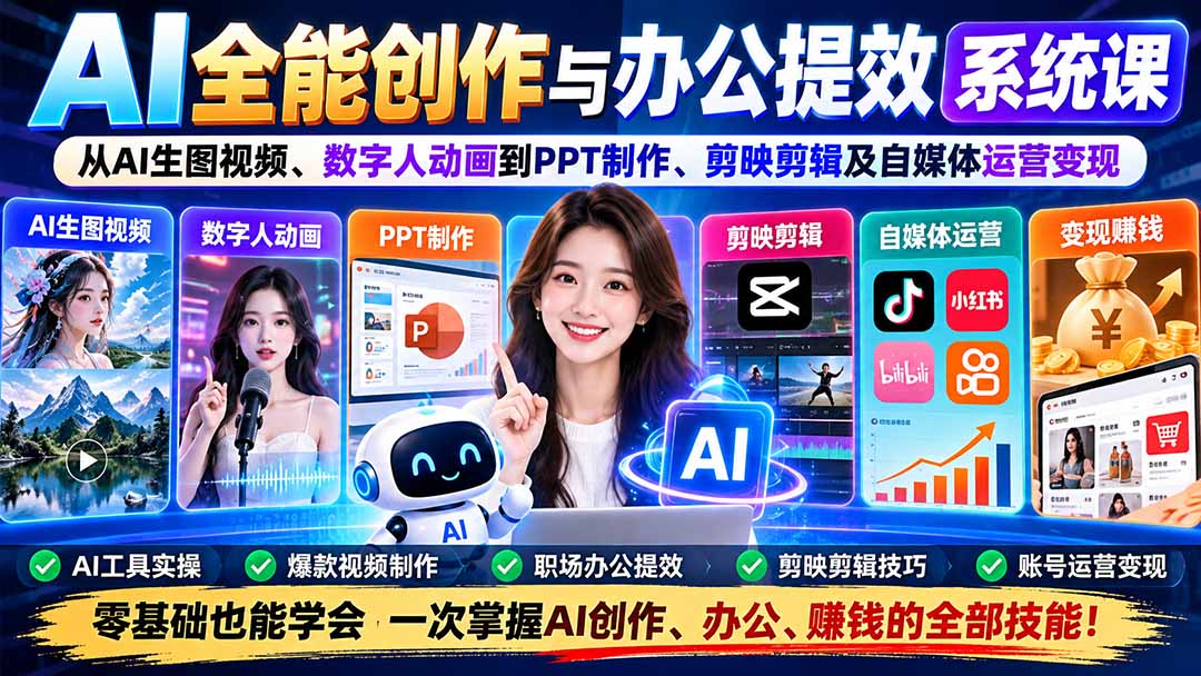 AI全能创作与办公提效系统课:从AI生图视频、数字人动画到PPT制作、剪映剪辑及自媒体运营变现-站长V课