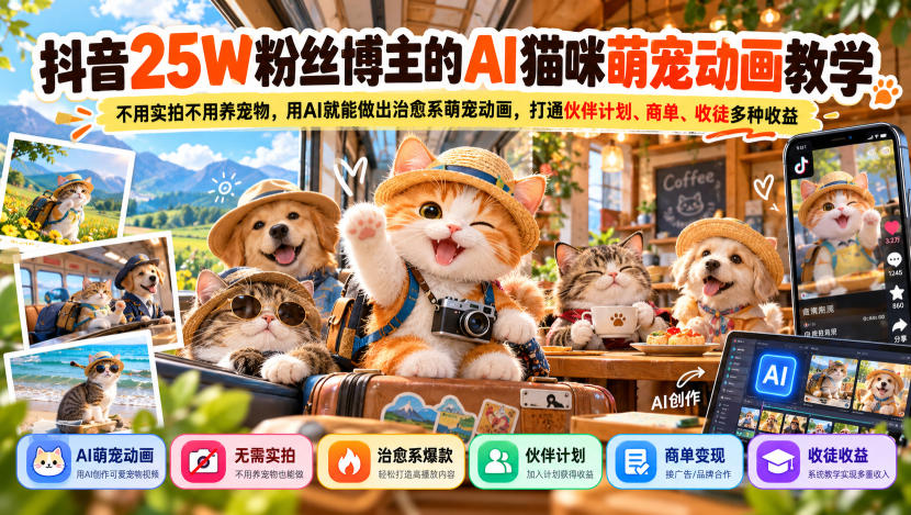抖音25W粉丝博主的AI猫咪萌宠动画教学,不用实拍不用养宠物,用AI就能做出治愈系萌宠动画,打通伙伴计划、商单、收徒多种收益-站长V课