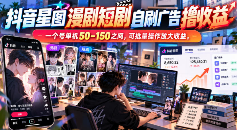 抖音星图漫剧短剧自刷广告撸收益,一个号单机50-150之间,可批量操作放大收益-站长V课