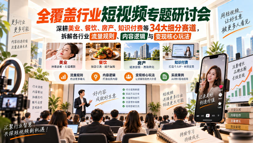 短视频专题研讨会，深耕美业、餐饮、房产、知识付费等34大细分赛道，拆解各行业流量规则、内容逻辑与变现核心玩法（更新1011）
