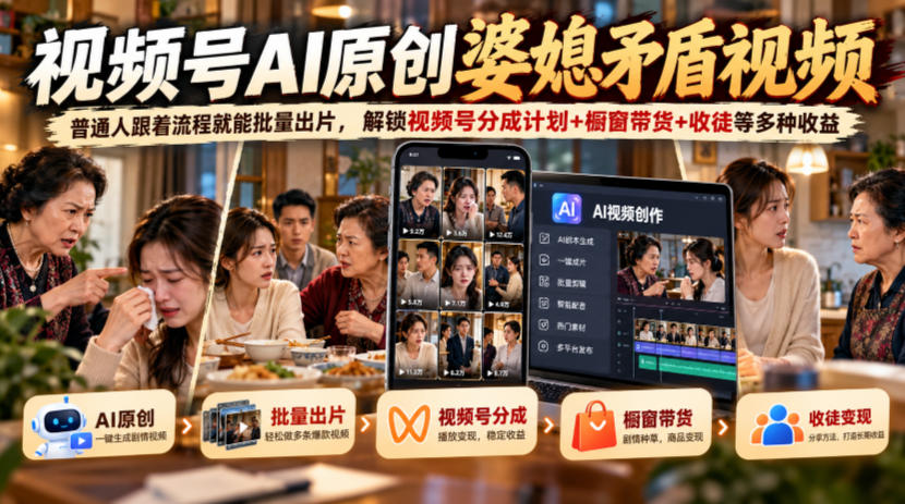 视频号ai原创婆媳矛盾视频,普通人跟着流程就能批量出片,解锁视频号分成计划+橱窗带货+收徒等多种收益-站长V课
