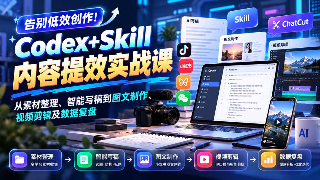 【无水印】告别低效创作!Codex+Skill内容提效实战课:从素材整理、智能写稿到图文制作、视频剪辑及数据复盘-站长V课