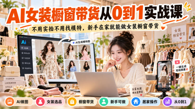 AI女装橱窗带货从0到1实战课，不用实拍不用找模特，新手在家就能做女装橱窗带货-站长V课