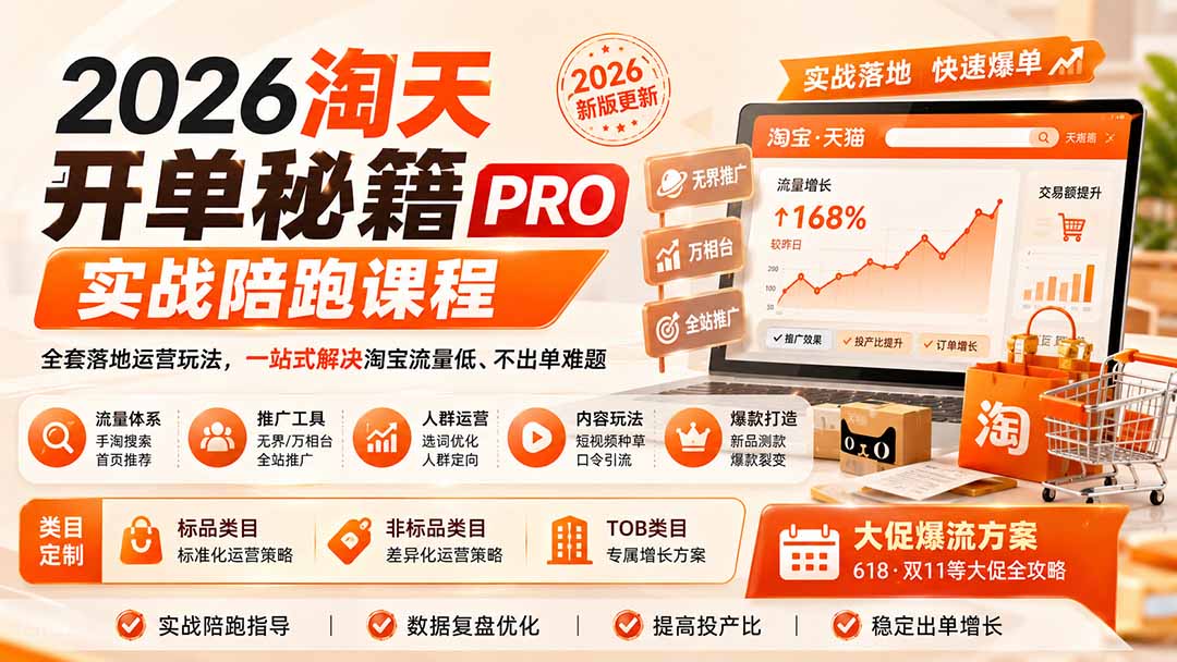 2026淘天开单秘籍PRO实战陪跑课程-更新1012:全套落地运营玩法,一站式解决淘宝流量低、不出单难题-站长V课