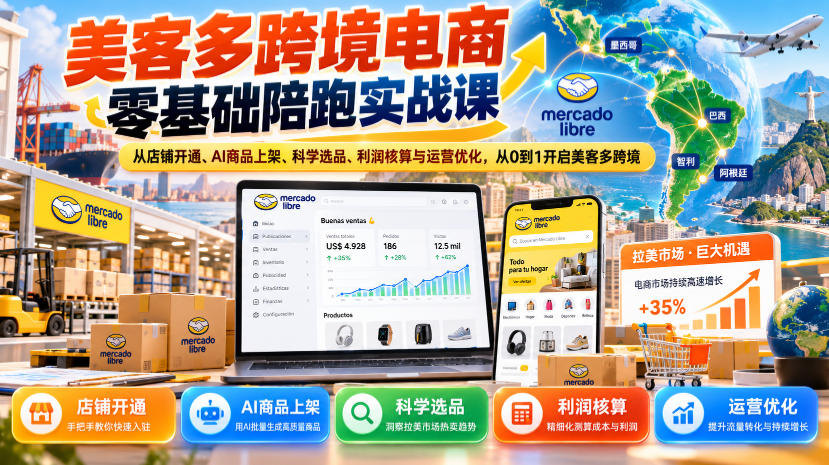 美客多跨境电商零基础陪跑实战课:从店铺开通、AI商品上架、科学选品、利润核算与运营优化,从0到1开启美客多跨境-站长V课