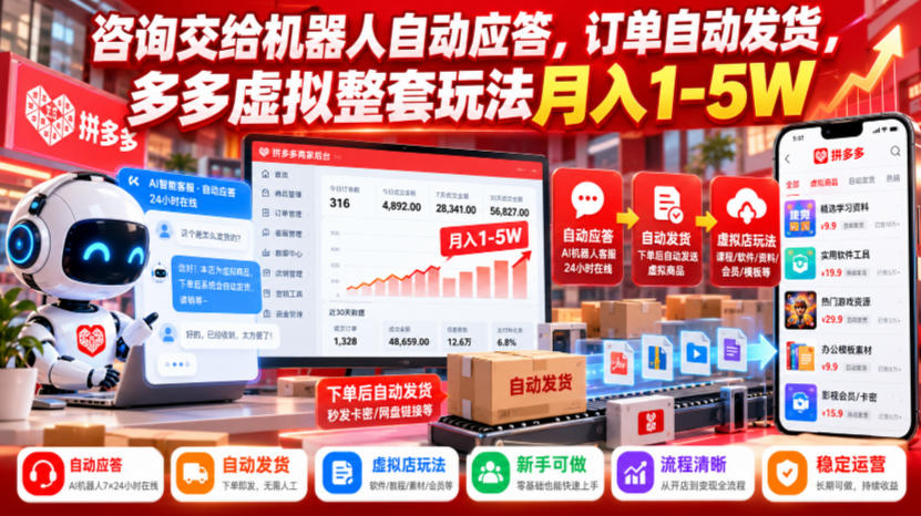 咨询交给机器人自动应答，订单自动发货，多多虚拟整套玩法月入1-5W【揭秘】-站长V课