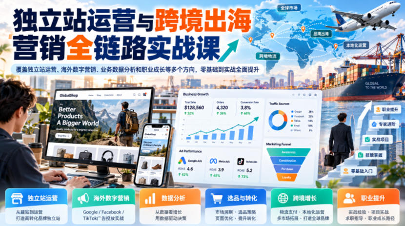 独立站运营与跨境出海营销全链路实战课,覆盖独立站运营、海外数字营销、业务数据分析和职业成长等多个方向,零基础到实战全面提升-站长V课