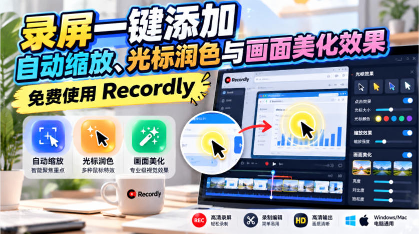 录屏一键添加自动缩放、光标润色与画面美化效果,免费使用Recordly-站长V课