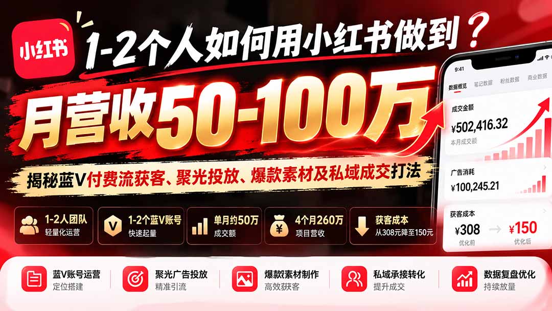 1-2个人如何用小红书做到月营收50-100万?揭秘蓝V付费流获客、聚光投放、爆款素材及私域成交打法-站长V课