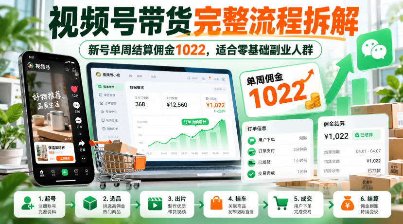 视频号带货完整流程拆解,新号单周结算佣金1022,适合零基础副业人群-站长V课